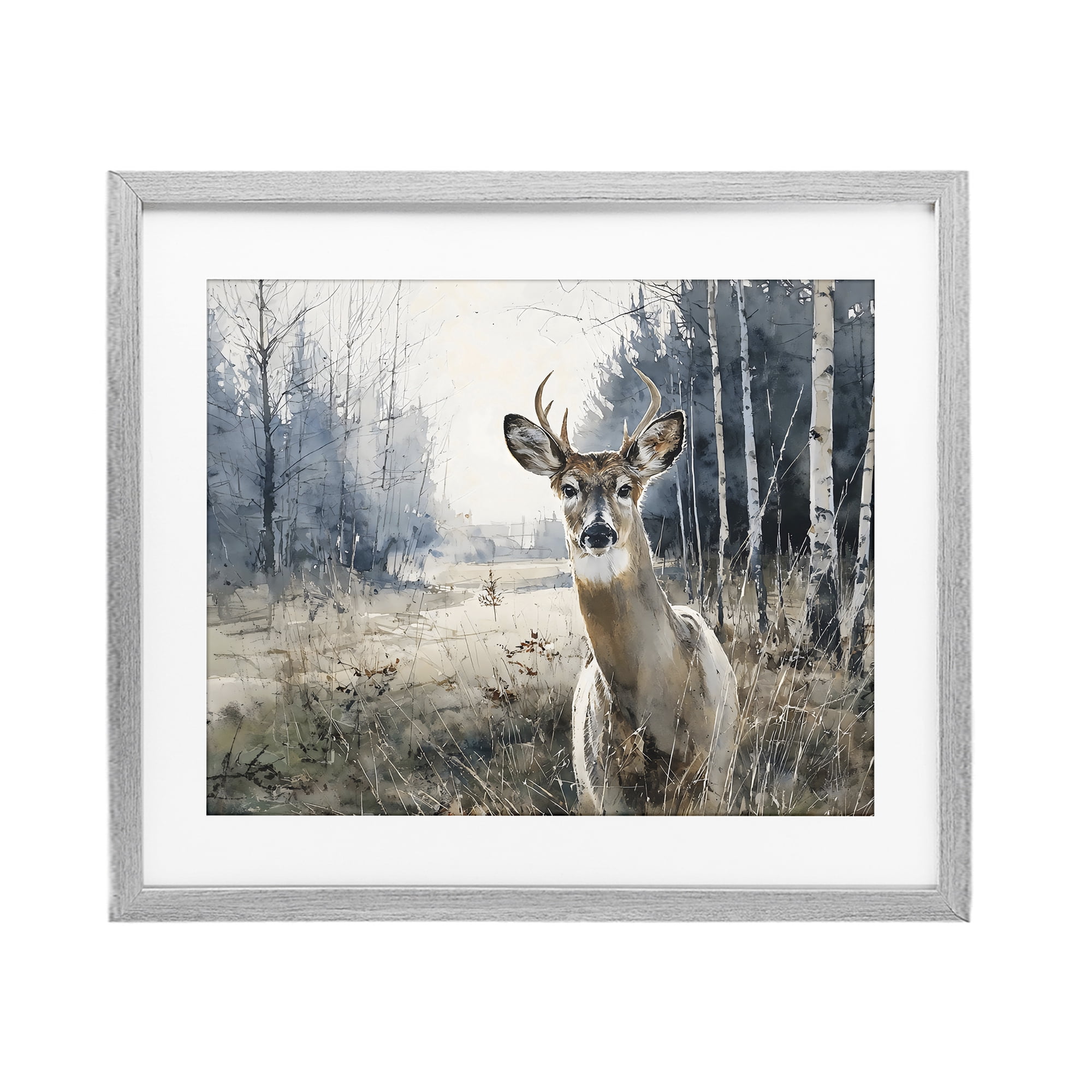 Stupell Industries Deer in Winter Wilderness Gray Framed Print Under Glass, design by Franklyn Gregory