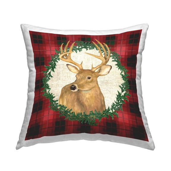 Stupell Industries Deer on Plaid & Wreath 18" x 18" Holiday Plaid Polyester Throw Pillow, Zip Closure 1 Count