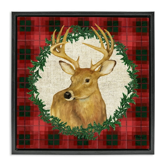 Stupell Industries Deer on Plaid & Wreath Holiday Painting Black Floater Framed Canvas Art Print Wall Art, 18 x 18