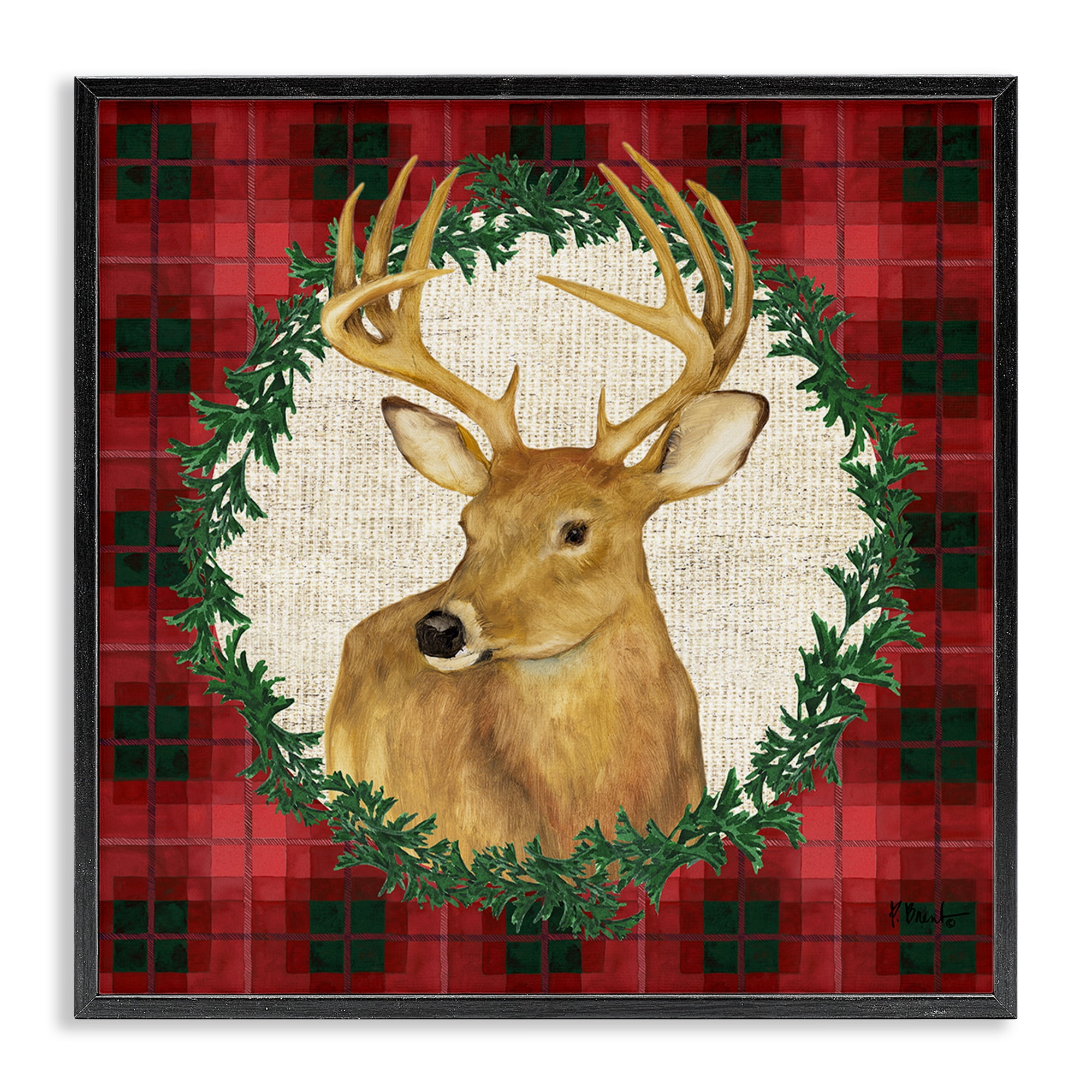 Stupell Industries Deer on Plaid & Wreath Holiday Painting Black Framed Art Print Wall Art, 12 x 12