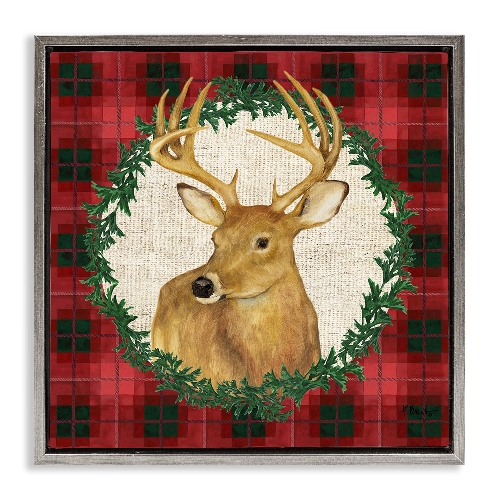 Stupell Industries Deer on Plaid & Wreath Holiday Painting Gray Floater Framed Canvas Art Print Wall Art, 18 x 18