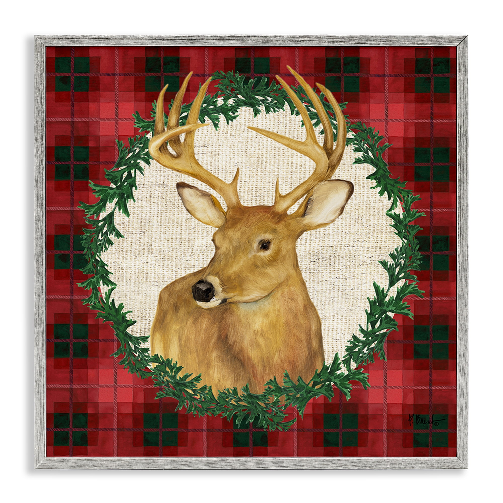 Stupell Industries Deer on Plaid & Wreath Holiday Painting Gray Framed Art Print Wall Art, 17 x 17