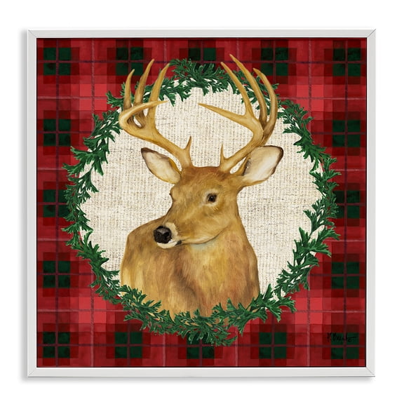 Stupell Industries Deer on Plaid & Wreath Holiday Painting White Framed Art Print Wall Art, 17 x 17