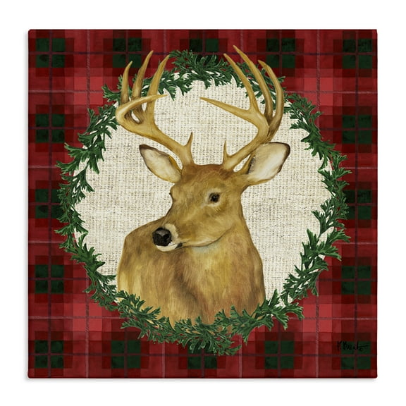 Stupell Industries Deer on Plaid & Wreath Holiday Painting Wrapped Canvas Art Print Wall Art, 17 x 17
