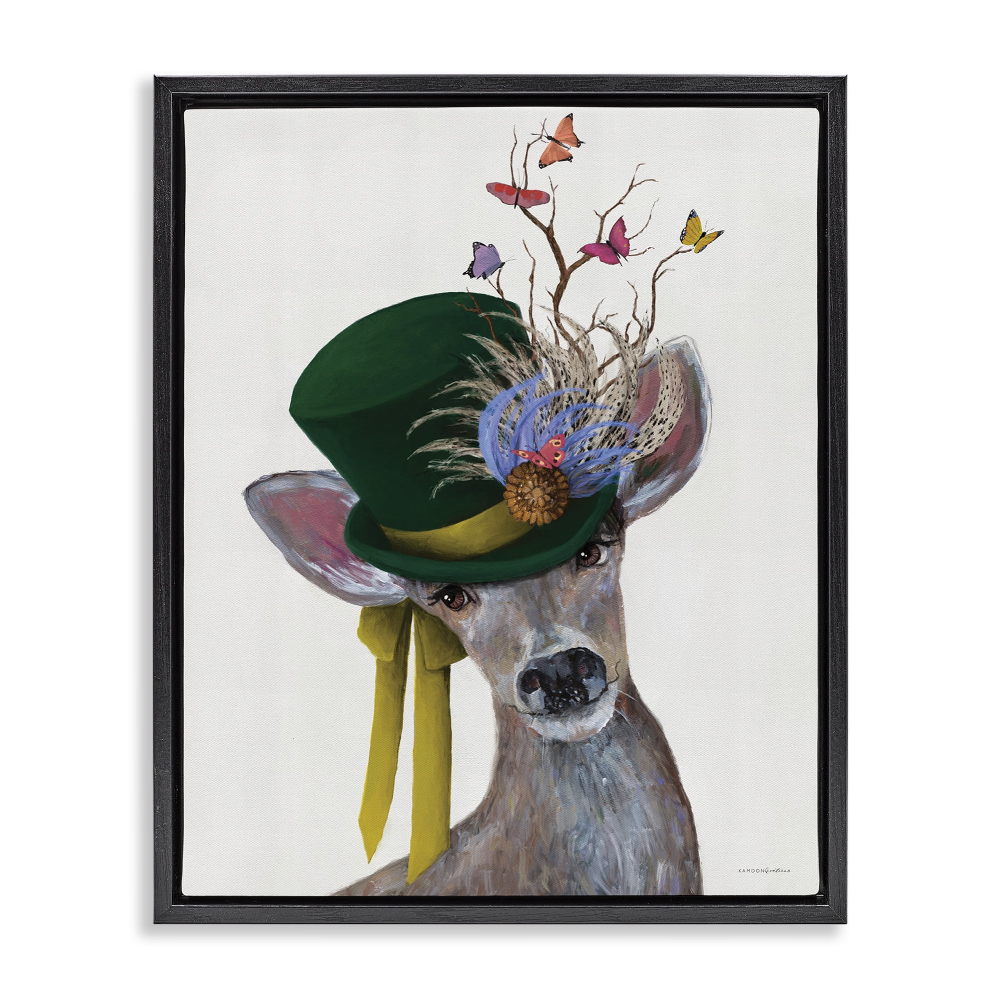 Stupell Industries Deer with Butterfly Hat Animals & Insects Painting Black Floater Framed Canvas Art Print Wall Art, 25 x 31