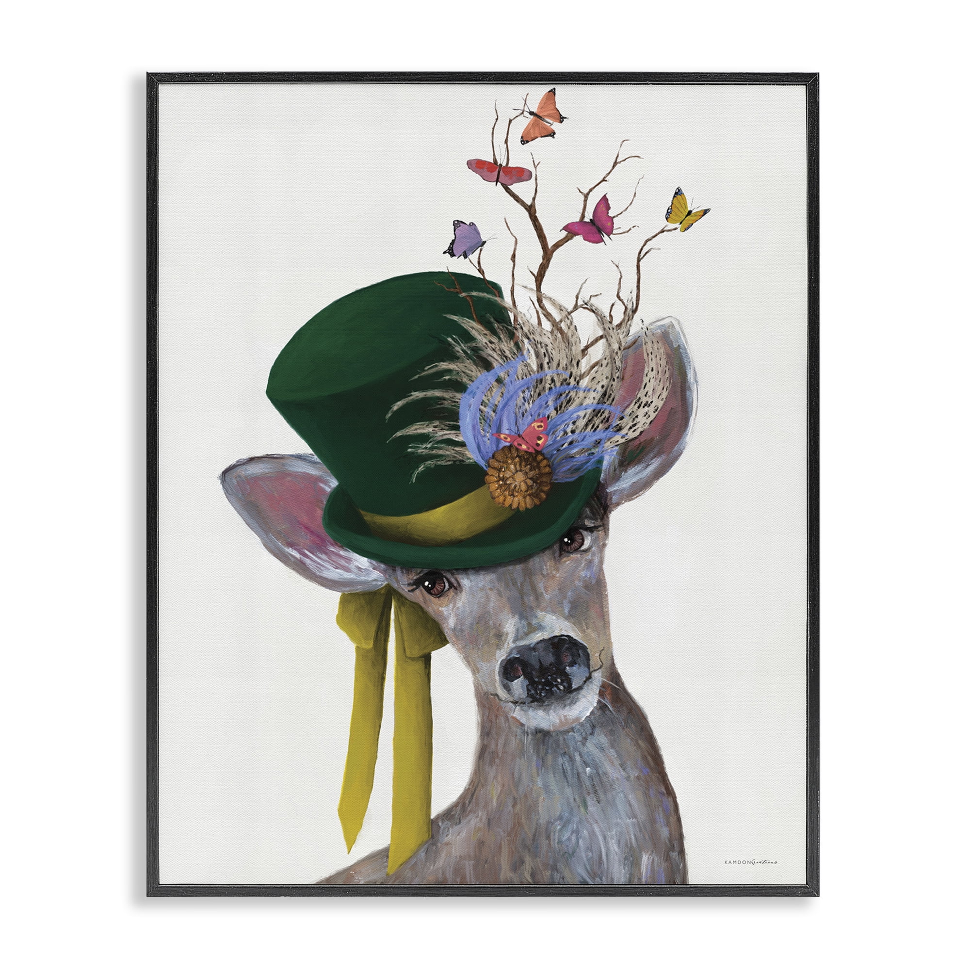 Stupell Industries Deer with Butterfly Hat Animals & Insects Painting Black Framed Art Print Wall Art, 11 x 14
