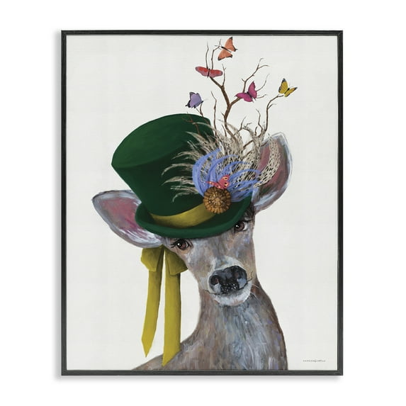 Stupell Industries Deer with Butterfly Hat Animals & Insects Painting Black Framed Art Print Wall Art, 16 x 20
