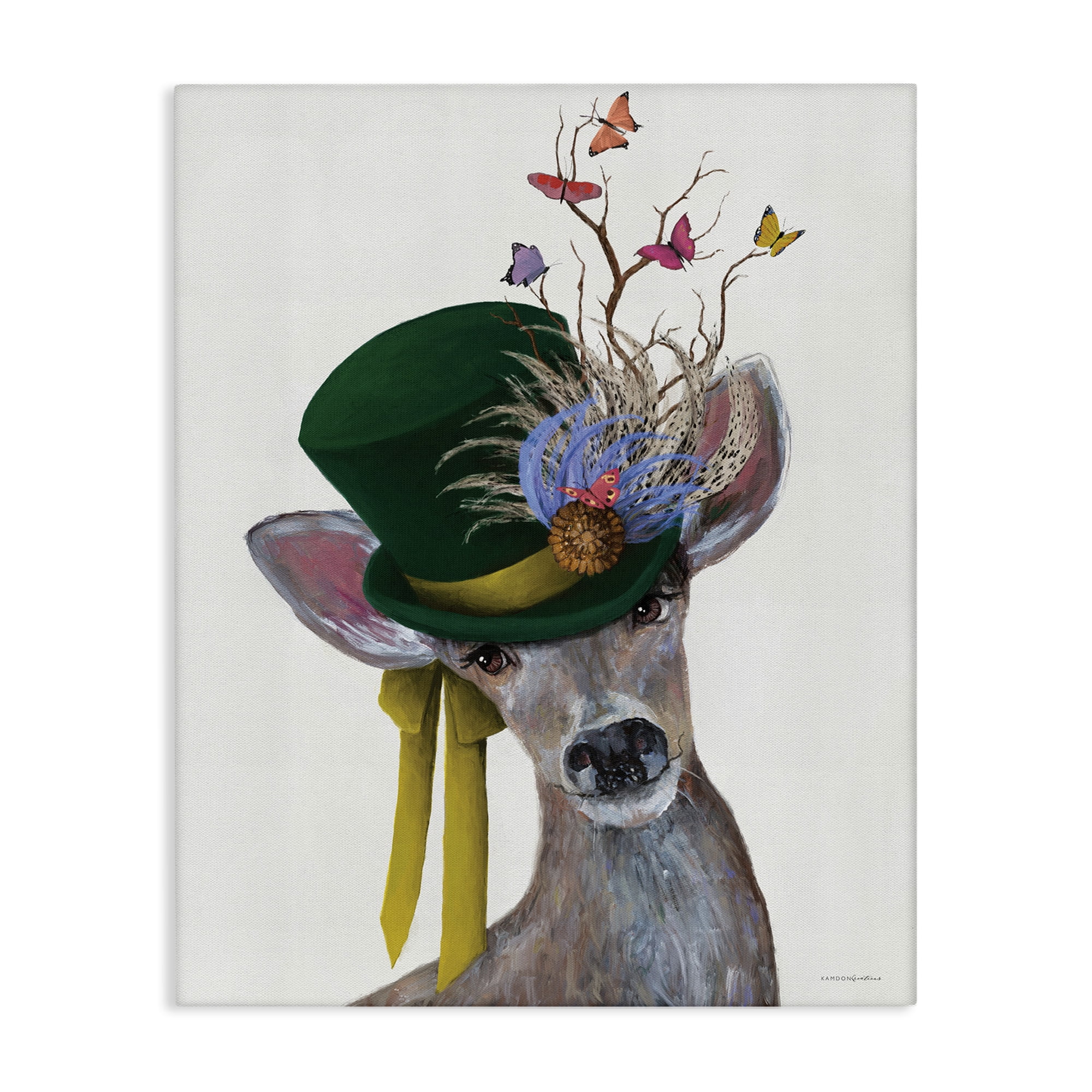 Stupell Industries Deer with Butterfly Hat Animals & Insects Painting Gallery Wrapped Canvas Art Print Wall Art, 24 x 30