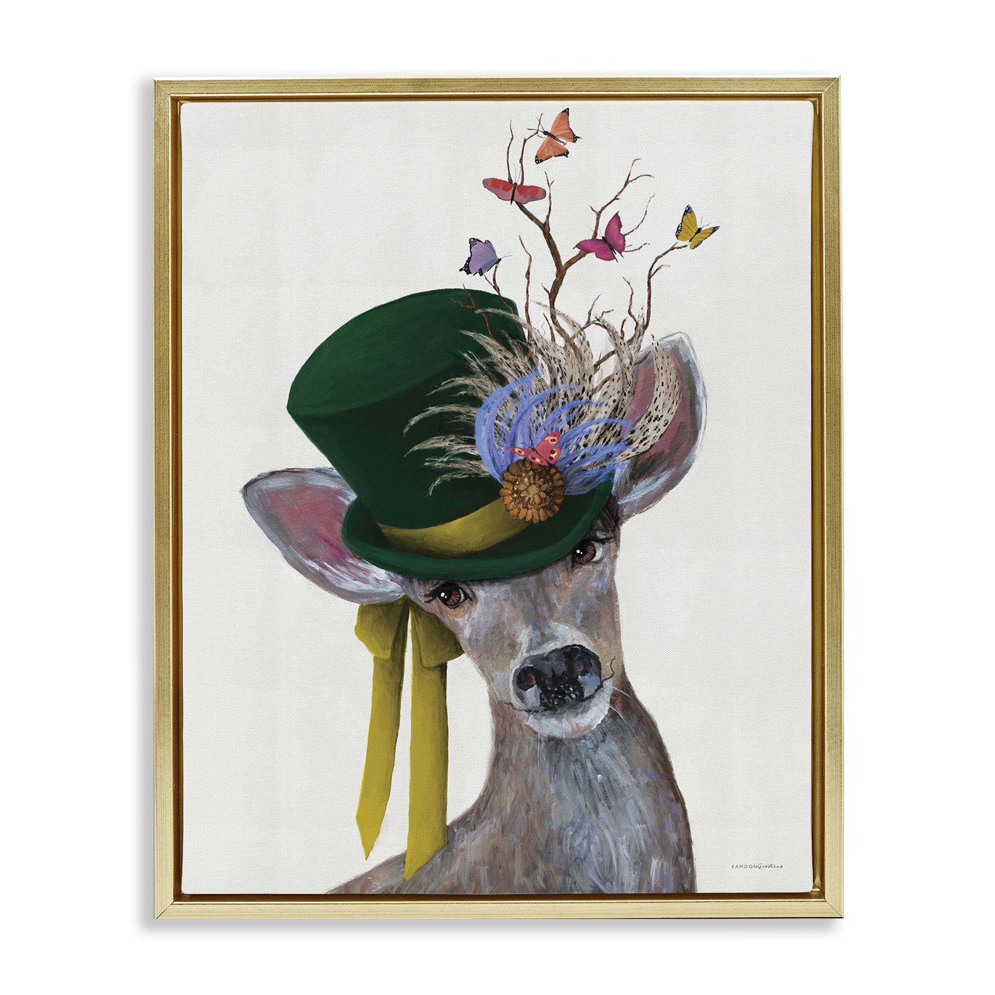 Stupell Industries Deer with Butterfly Hat Animals & Insects Painting Gold Floater Framed Canvas Art Print Wall Art, 25 x 31