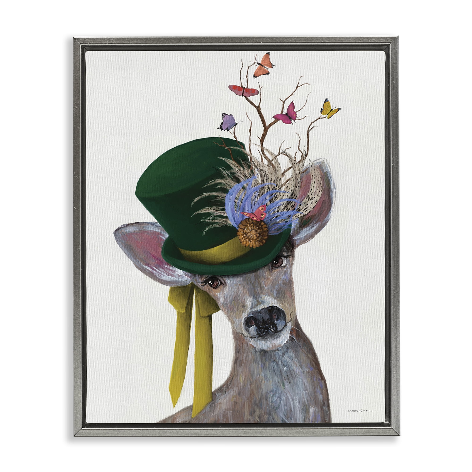 Stupell Industries Deer with Butterfly Hat Animals & Insects Painting Gray Floater Framed Canvas Art Print Wall Art, 17 x 21