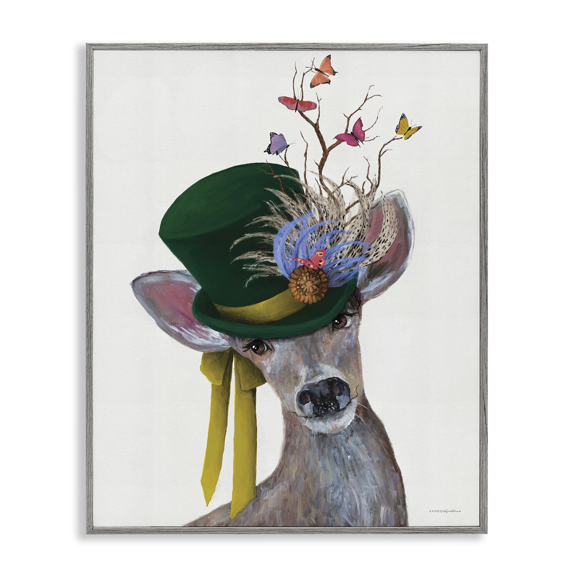 Stupell Industries Deer with Butterfly Hat Animals & Insects Painting Gray Framed Art Print Wall Art, 16 x 20