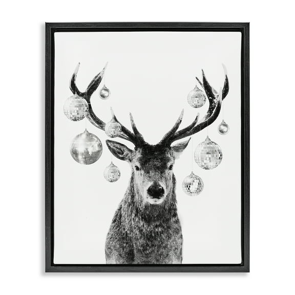 Stupell Industries Deer with Disco Balls Animals & Insects Painting Black Floater Framed Canvas Art Print Wall Art, 17 x 21