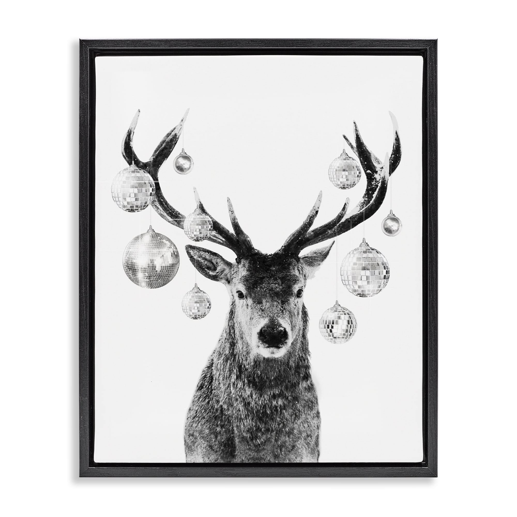 Stupell Industries Deer with Disco Balls Animals & Insects Painting Black Floater Framed Canvas Art Print Wall Art, 25 x 31