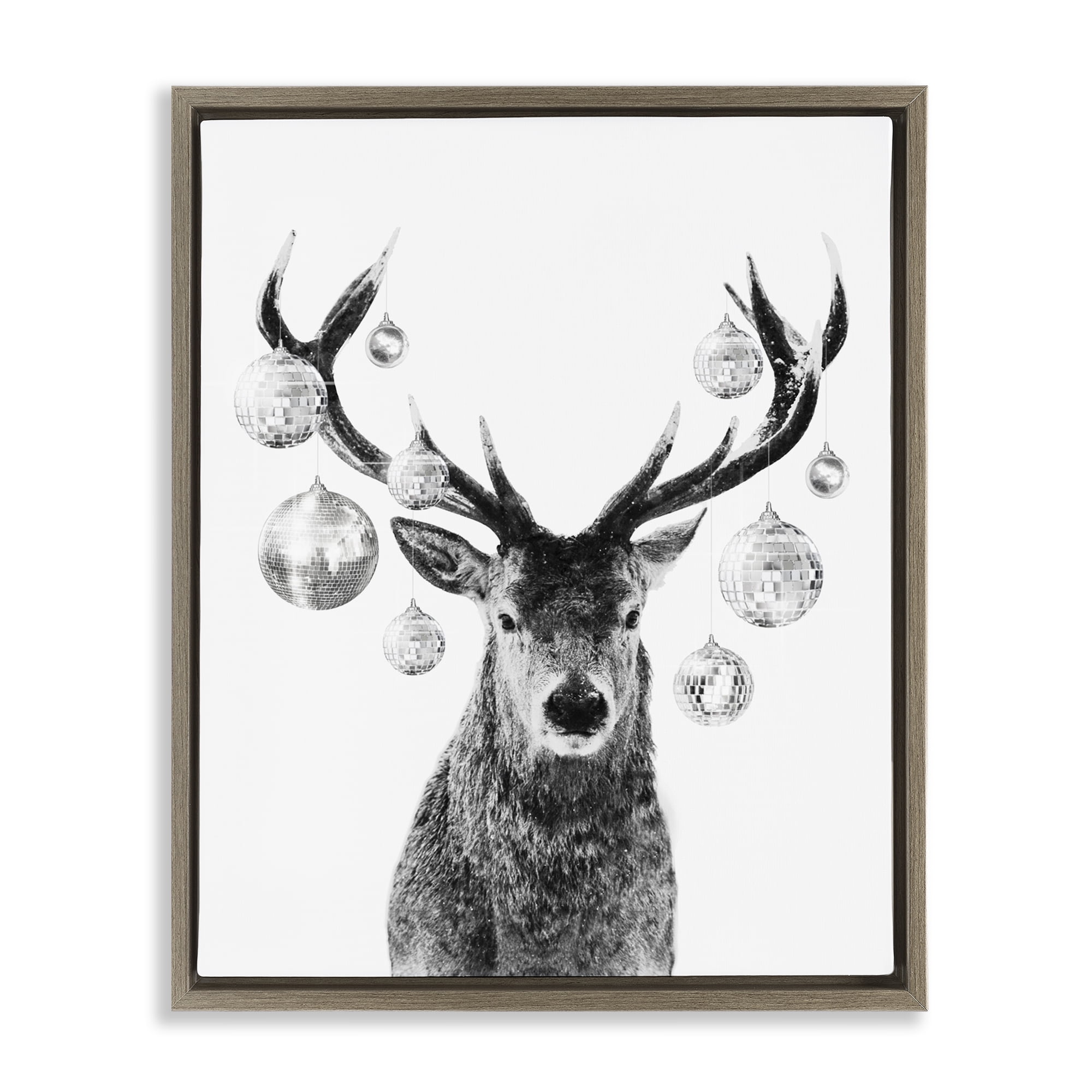Stupell Industries Deer with Disco Balls Animals & Insects Painting Brown Floater Framed Canvas Art Print Wall Art, 17 x 21