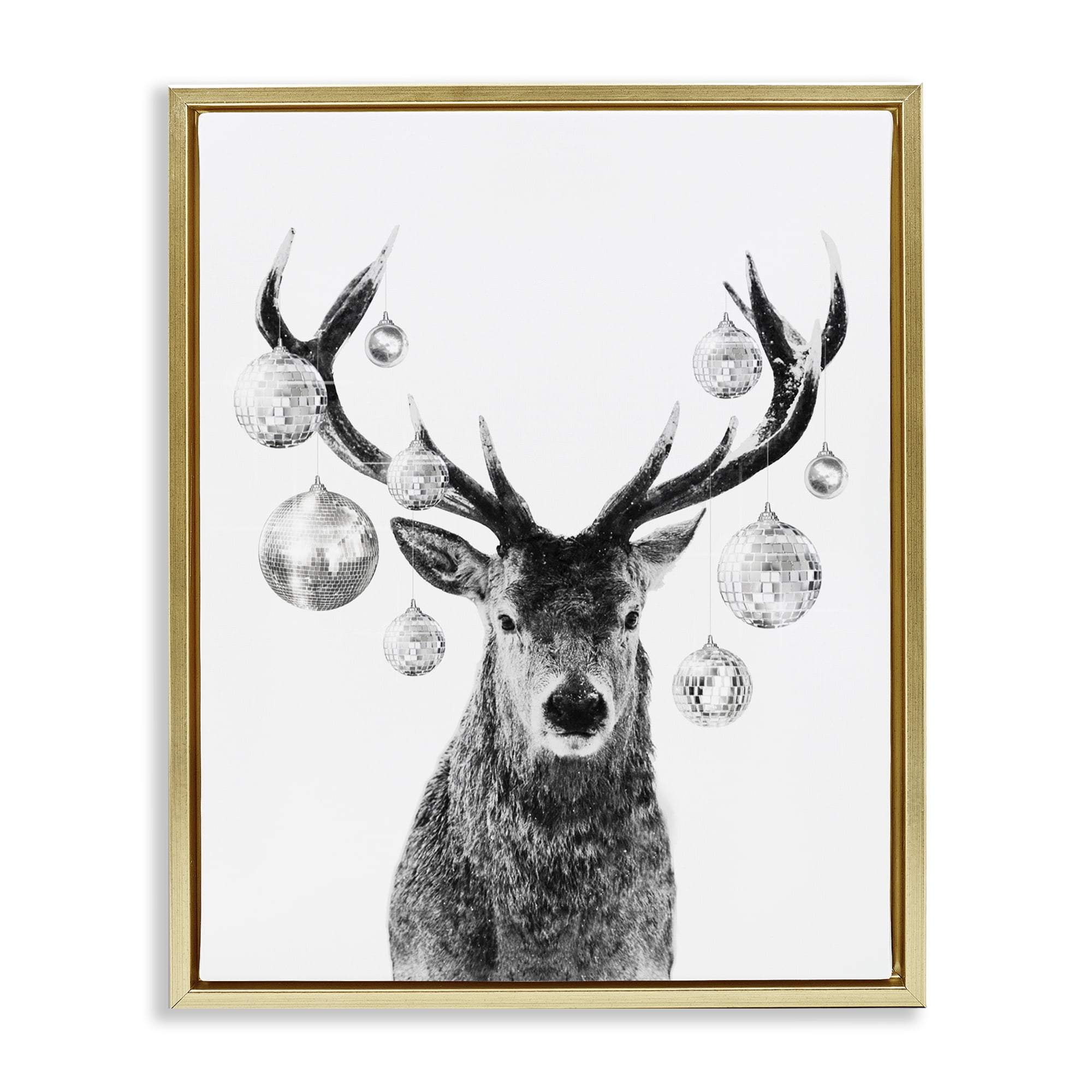 Stupell Industries Deer with Disco Balls Animals & Insects Painting Gold Floater Framed Canvas Art Print Wall Art, 17 x 21