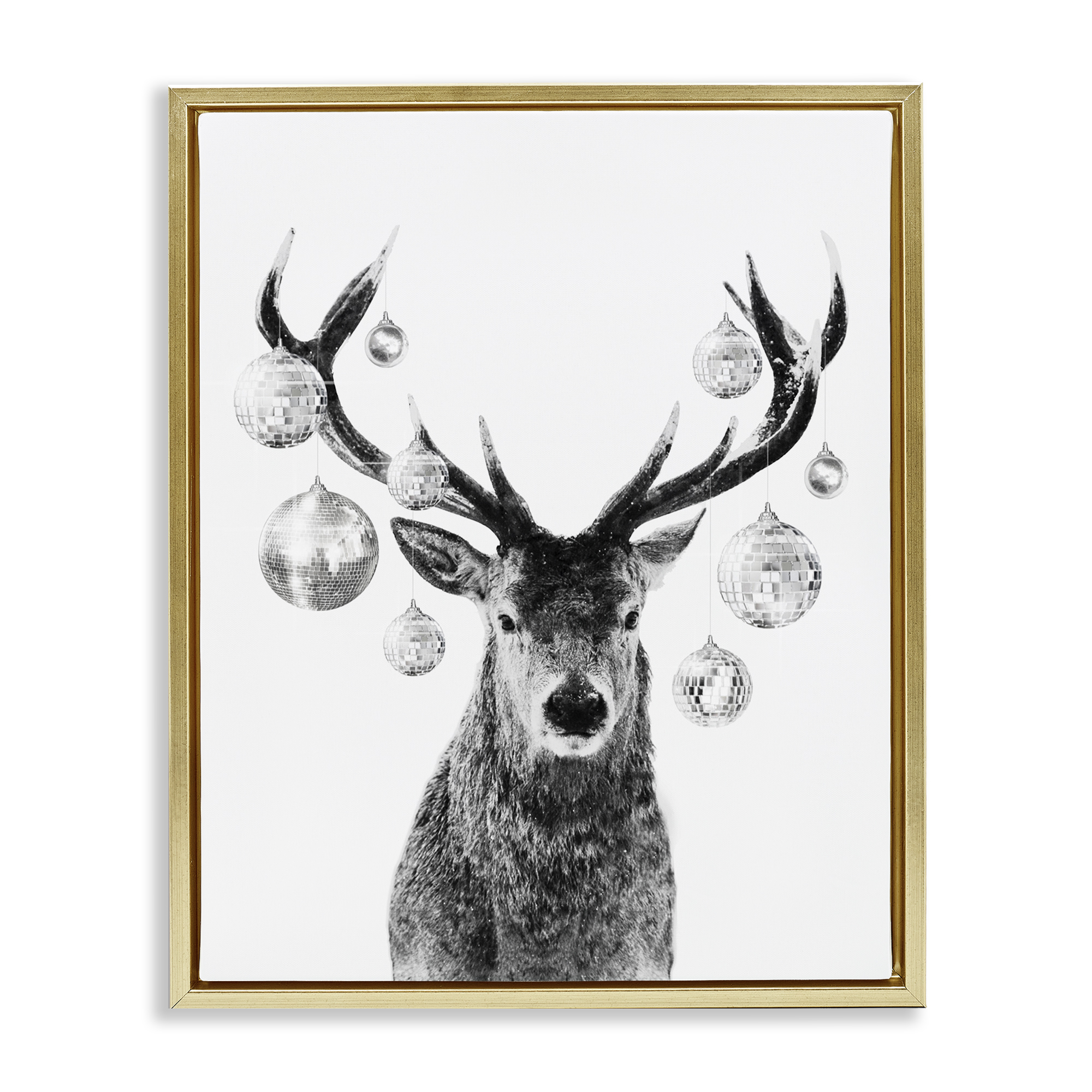Stupell Industries Deer with Disco Balls Animals & Insects Painting Gold Floater Framed Canvas Art Print Wall Art, 25 x 31