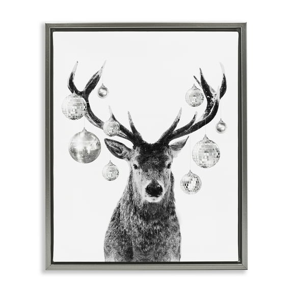 Stupell Industries Deer with Disco Balls Animals & Insects Painting Gray Floater Framed Canvas Art Print Wall Art, 17 x 21