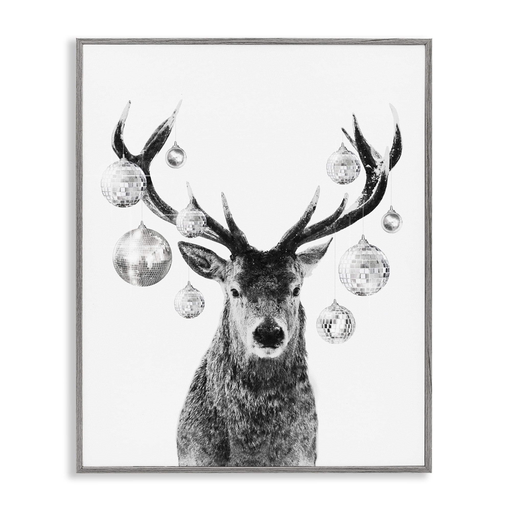 Stupell Industries Deer with Disco Balls Animals & Insects Painting Gray Framed Art Print Wall Art, 16 x 20