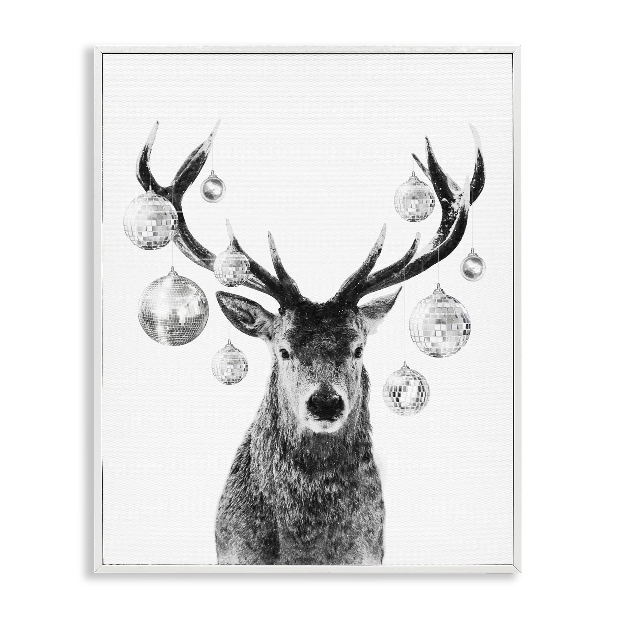 Stupell Industries Deer with Disco Balls Animals & Insects Painting White Framed Art Print Wall Art, 16 x 20