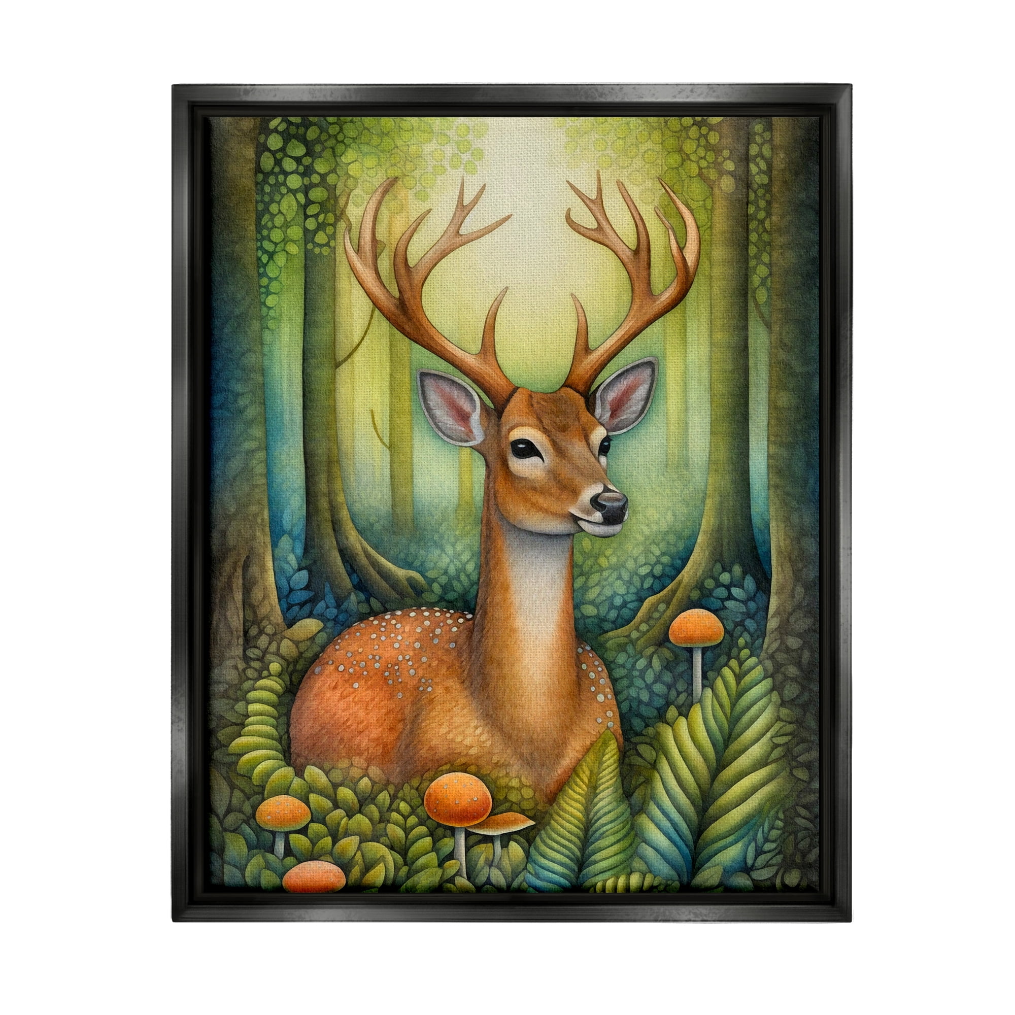 Stupell Industries Deer with Nature Mushrooms Animals & Insects Painting Black Floater Framed Canvas Art Print Wall Art, 17 x 21