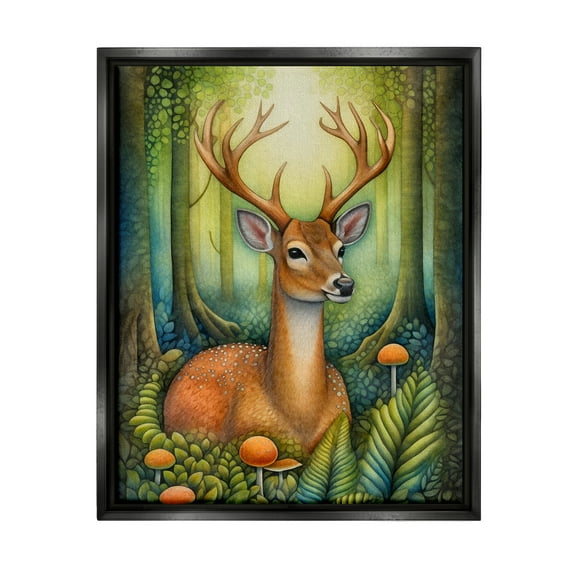 Stupell Industries Deer with Nature Mushrooms Animals & Insects Painting Black Floater Framed Canvas Art Print Wall Art, 25 x 31