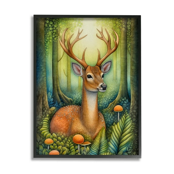 Stupell Industries Deer with Nature Mushrooms Animals & Insects Painting Black Framed Art Print Wall Art, 11 x 14