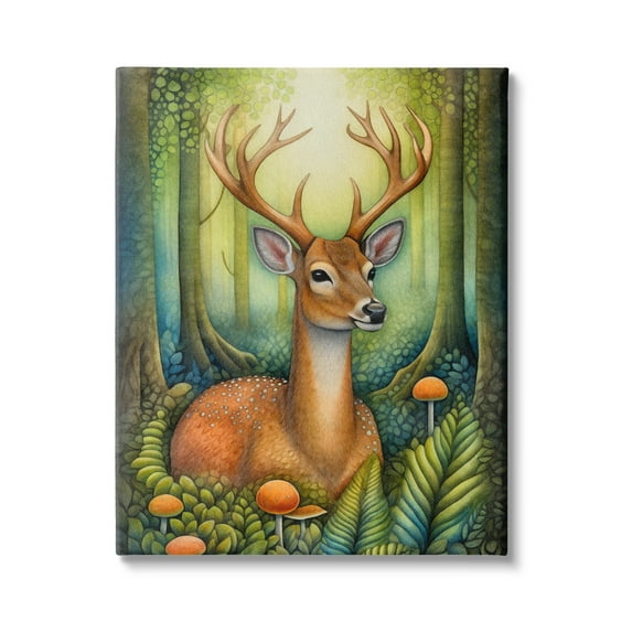 Stupell Industries Deer with Nature Mushrooms Animals & Insects Painting Gallery Wrapped Canvas Art Print Wall Art, 36 x 48