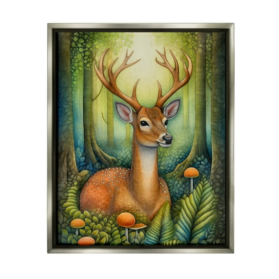 Stupell Industries Deer with Nature Mushrooms Animals & Insects Painting Gray Floater Framed Canvas Art Print Wall Art, 17 x 21