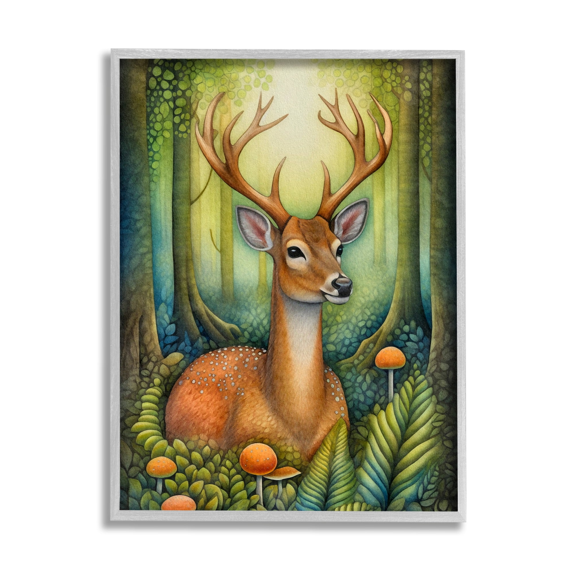 Stupell Industries Deer with Nature Mushrooms Animals & Insects Painting Gray Framed Art Print Wall Art, 11 x 14