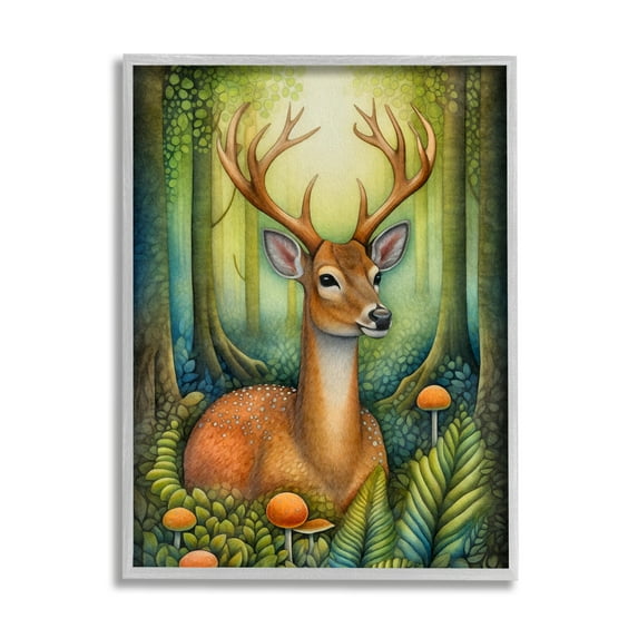 Stupell Industries Deer with Nature Mushrooms Animals & Insects Painting Gray Framed Art Print Wall Art, 16 x 20