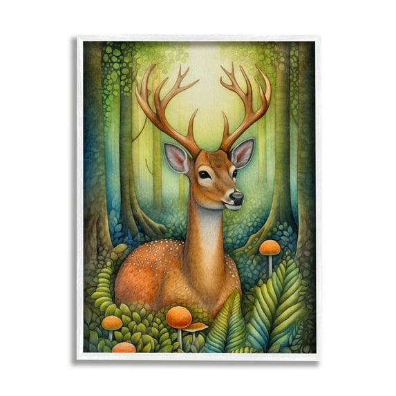 Stupell Industries Deer with Nature Mushrooms Animals & Insects Painting White Framed Art Print Wall Art, 16 x 20