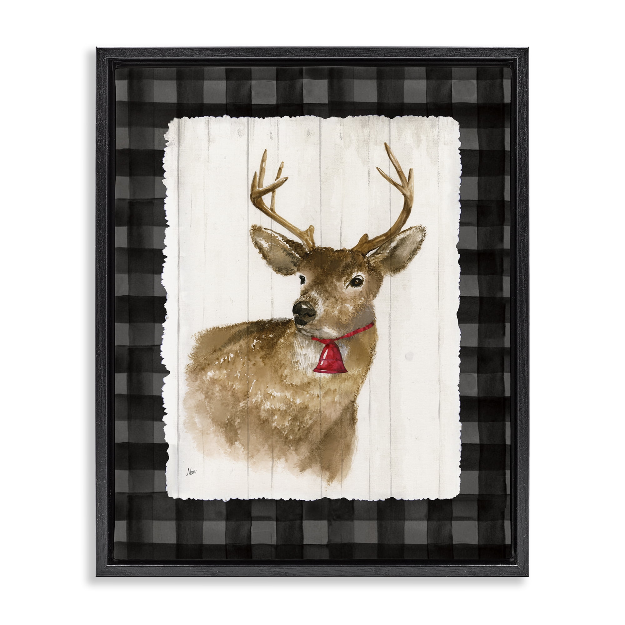 Stupell Industries Deer with Red Bell Animals & Insects Painting Black Floater Framed Canvas Art Prints Wall Art, 25 x 31