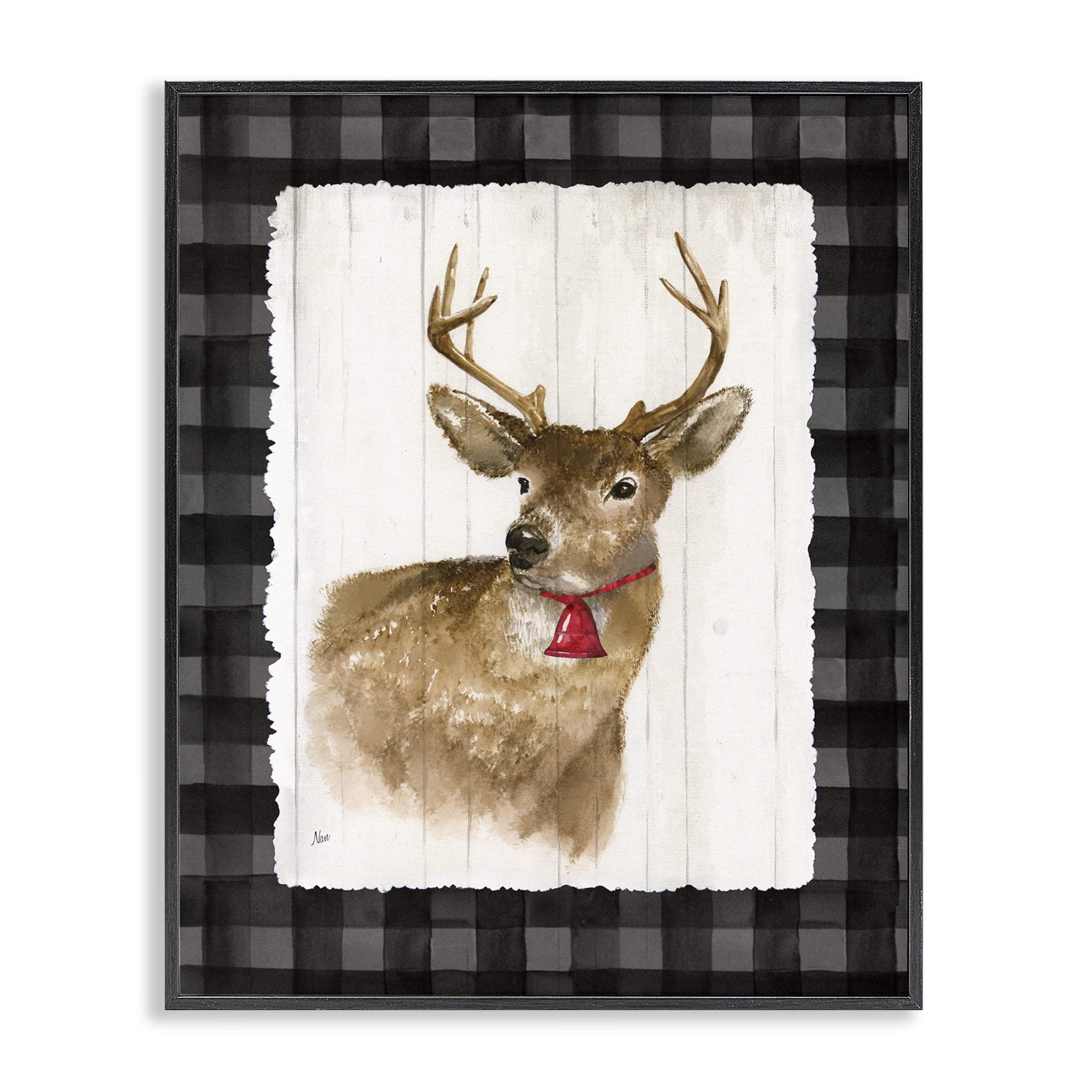 Stupell Industries Deer with Red Bell Animals & Insects Painting Black Framed Art Prints Wall Art, 24 x 30