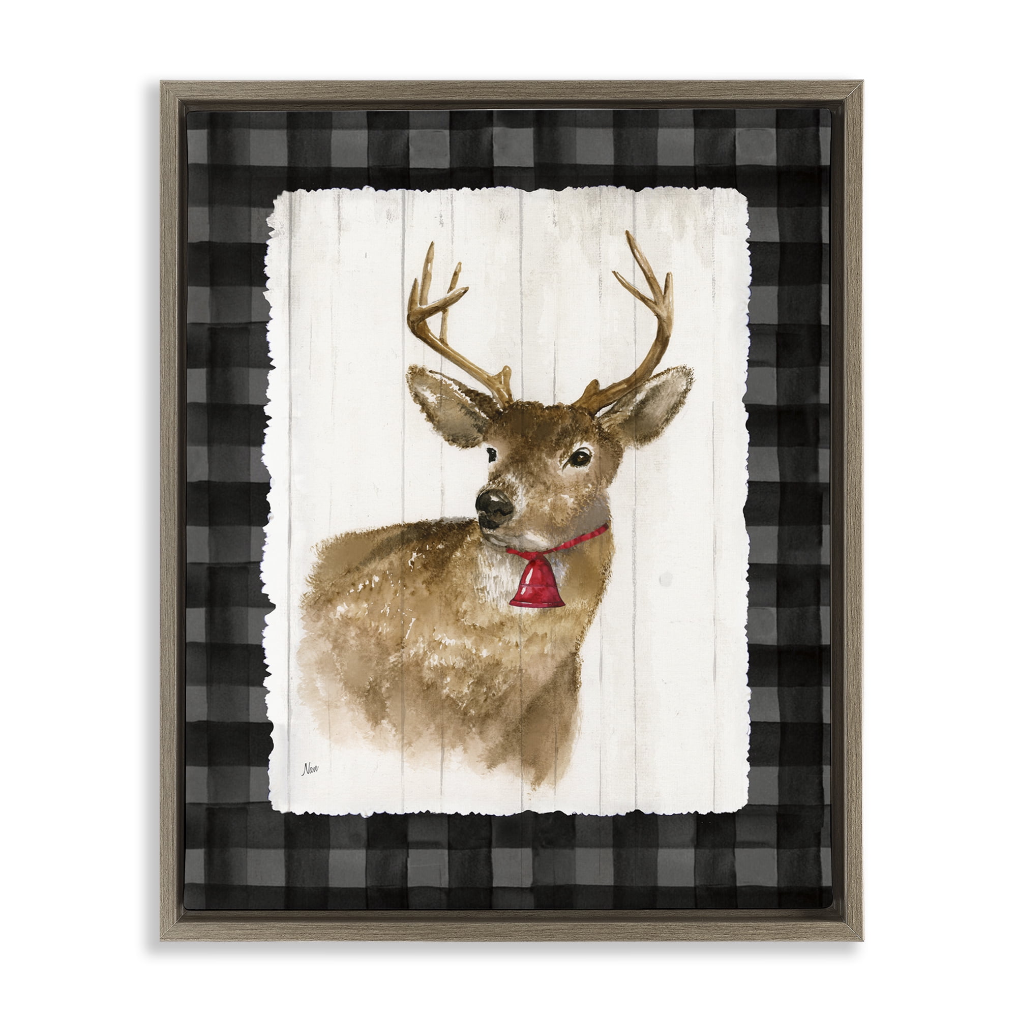 Stupell Industries Deer with Red Bell Animals & Insects Painting Brown Floater Framed Canvas Art Prints Wall Art, 25 x 31