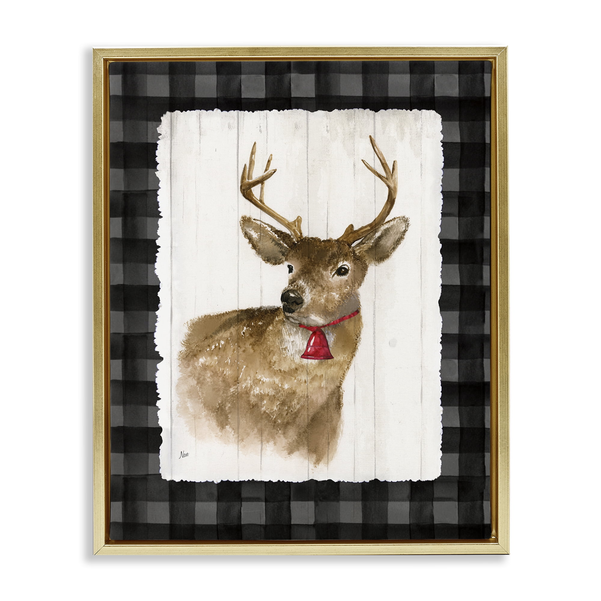Stupell Industries Deer with Red Bell Animals & Insects Painting Gold Floater Framed Canvas Art Prints Wall Art, 17 x 21