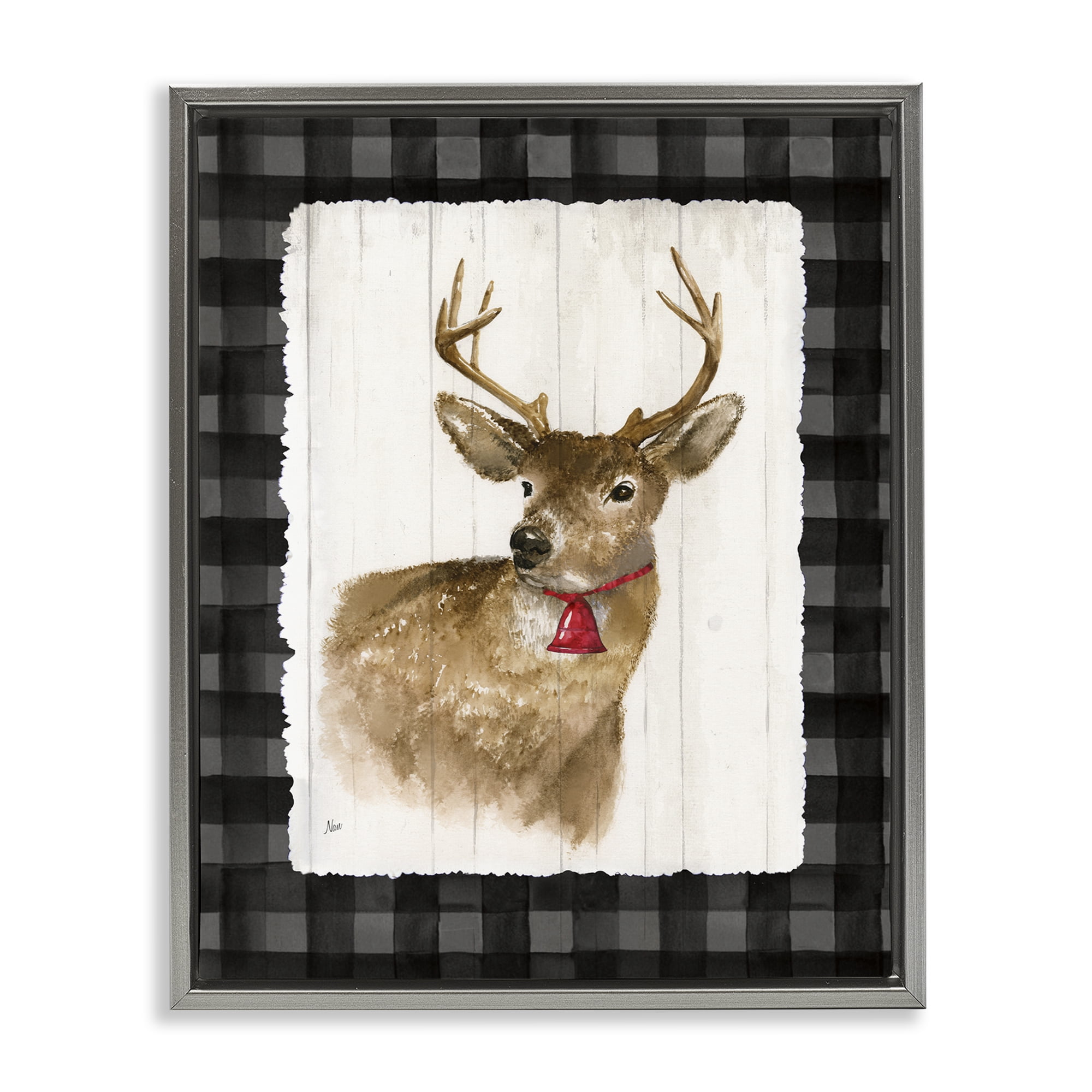 Stupell Industries Deer with Red Bell Animals & Insects Painting Gray Floater Framed Canvas Art Prints Wall Art, 17 x 21