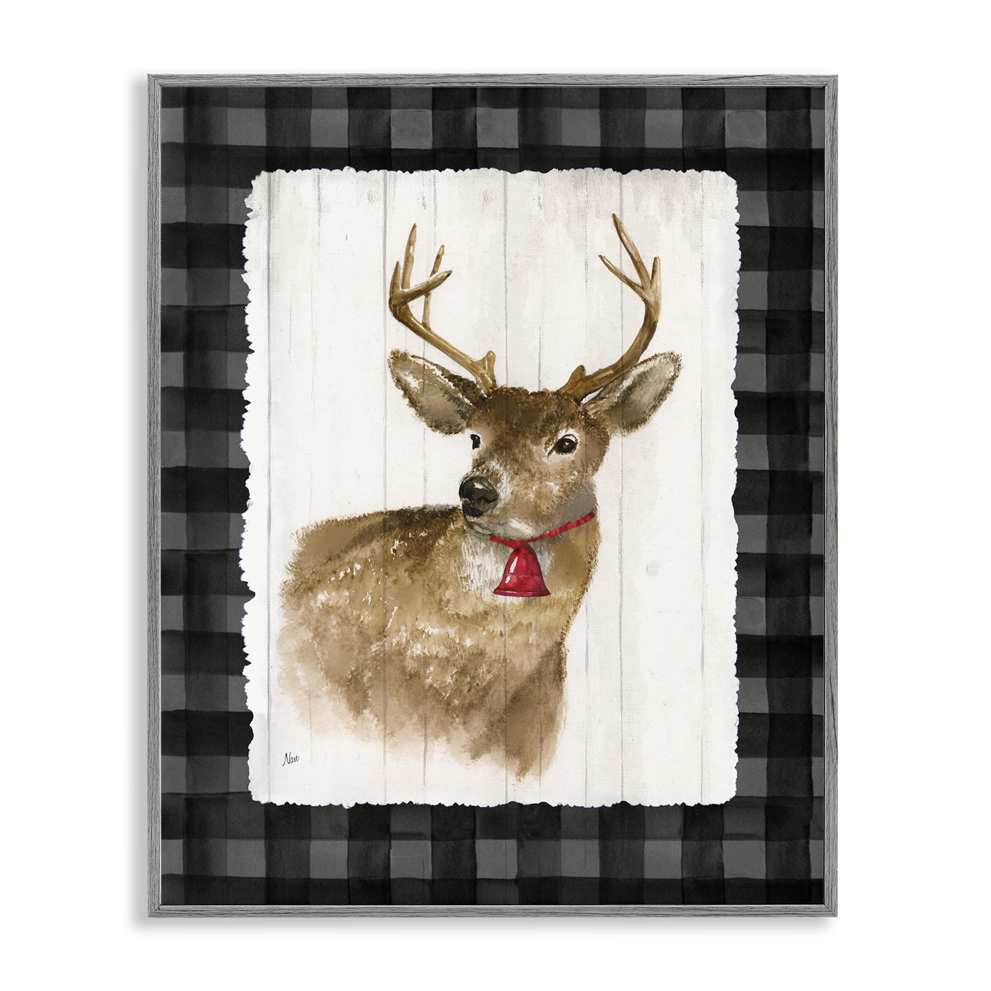 Stupell Industries Deer with Red Bell Animals & Insects Painting Gray Framed Art Prints Wall Art, 11 x 14