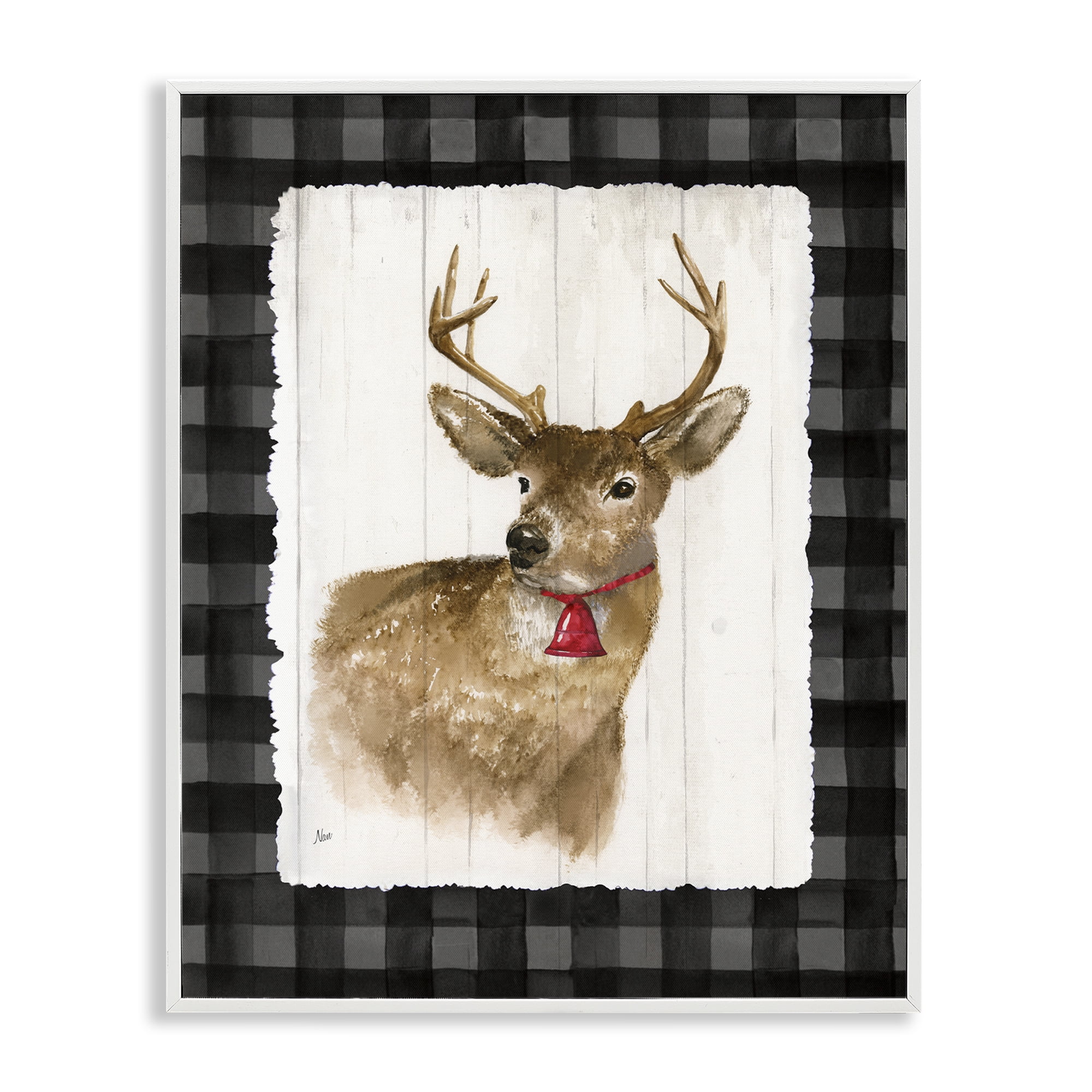 Stupell Industries Deer with Red Bell Animals & Insects Painting White Framed Art Prints Wall Art, 11 x 14