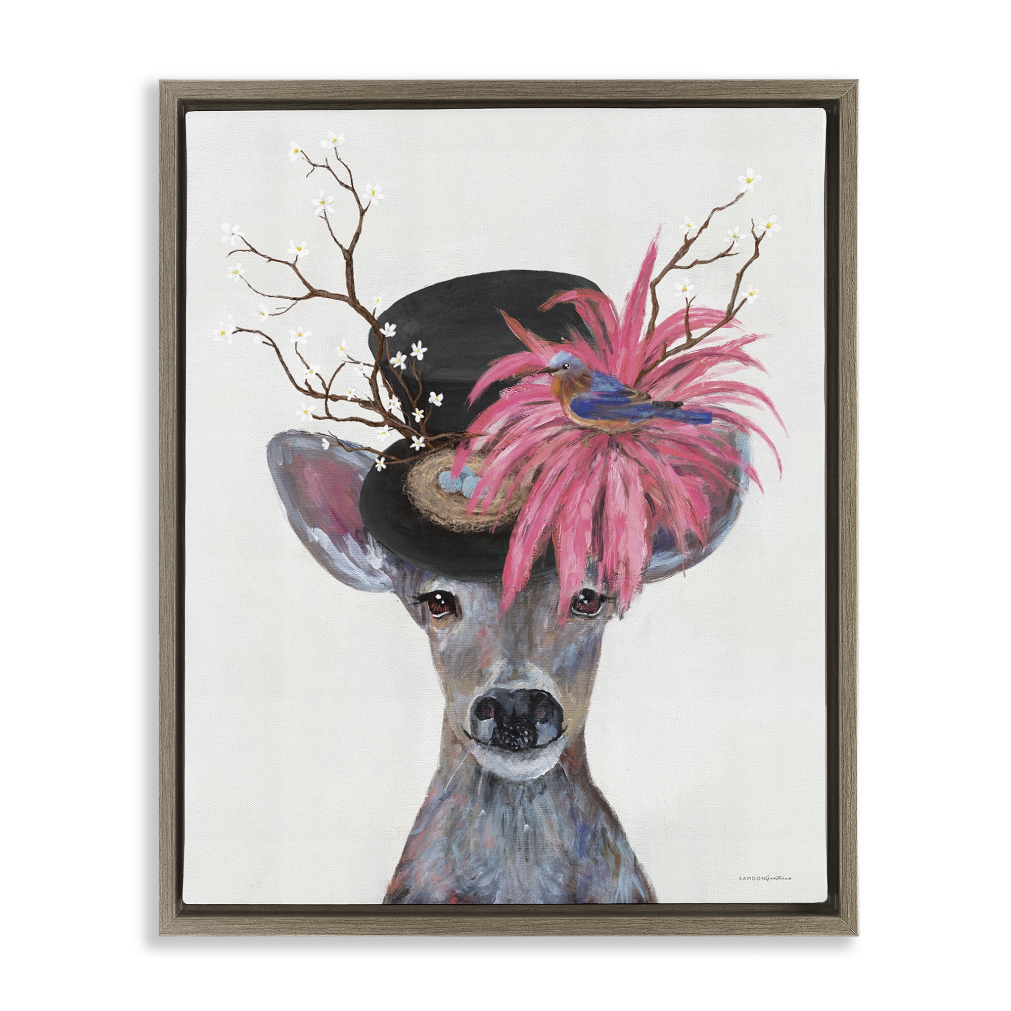 Stupell Industries Deer with Vintage Hat Animals & Insects Painting Brown Floater Framed Canvas Art Print Wall Art, 17 x 21