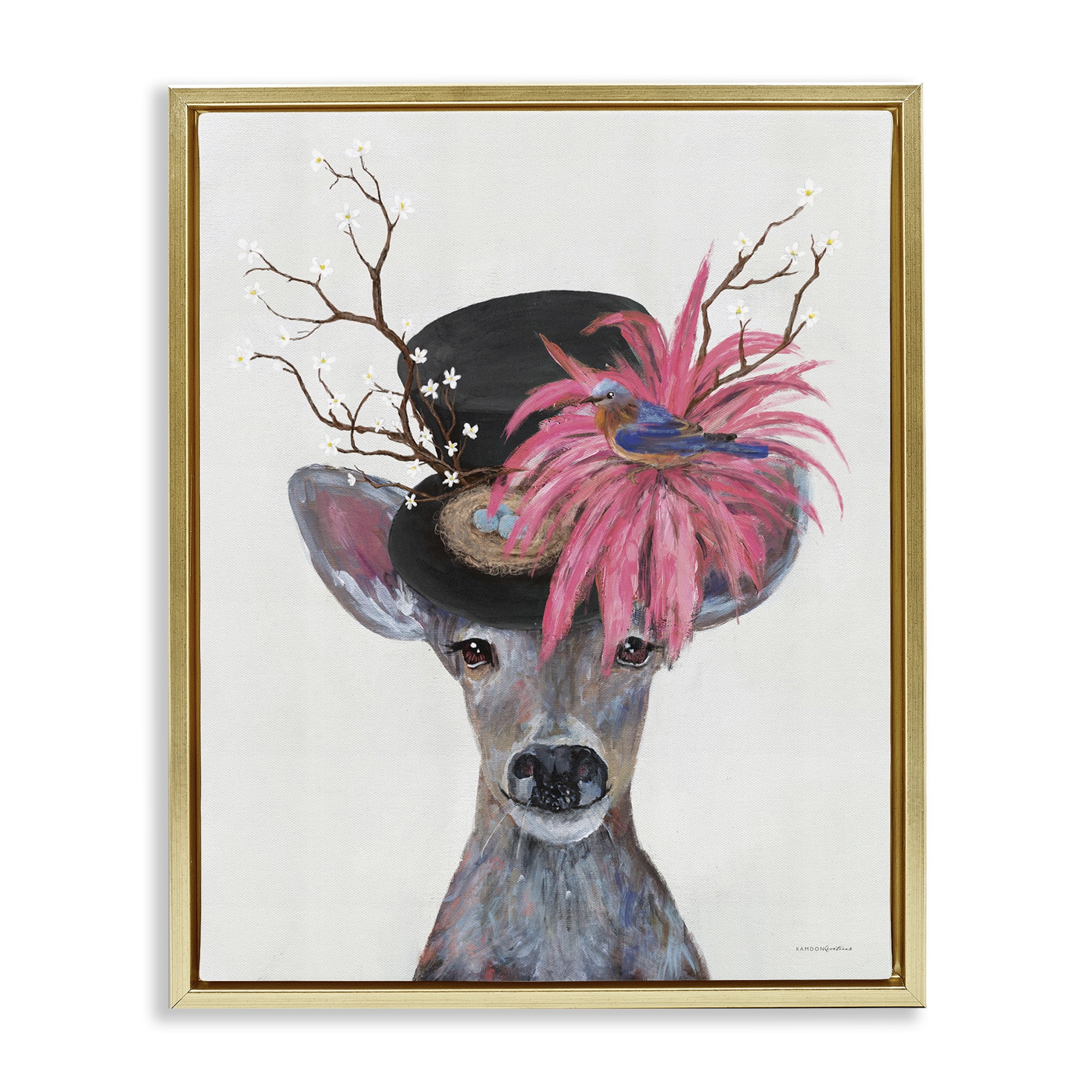 Stupell Industries Deer with Vintage Hat Animals & Insects Painting Gold Floater Framed Canvas Art Print Wall Art, 17 x 21