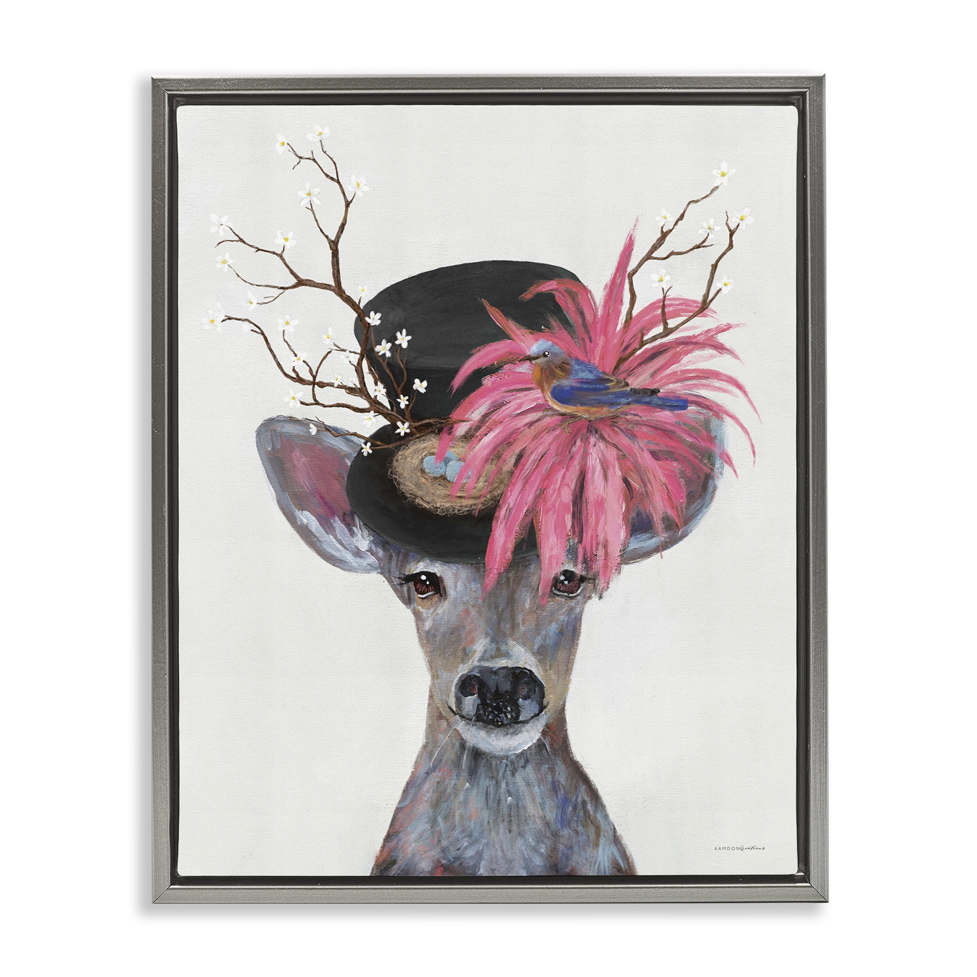 Stupell Industries Deer with Vintage Hat Animals & Insects Painting Gray Floater Framed Canvas Art Print Wall Art, 17 x 21