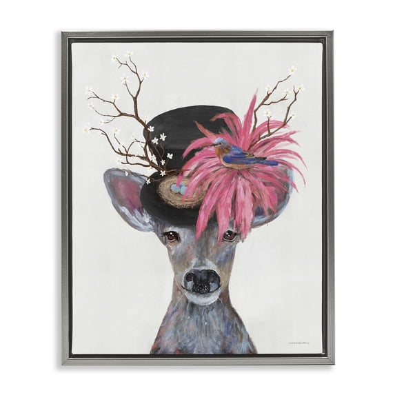 Stupell Industries Eclectic Deer with Vintage Hat Gray Floating Frame Canvas Art, 17 x 21, by Kamdon Kreations