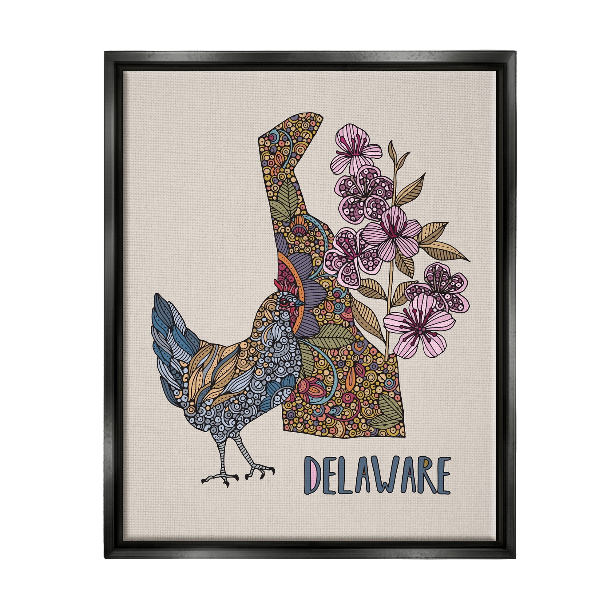 Stupell Industries Delaware Blue Hen State Flower Intricate Blossoms Graphic Art Jet Black Floating Framed Canvas Print Wall Art, Design by Valentina Harper