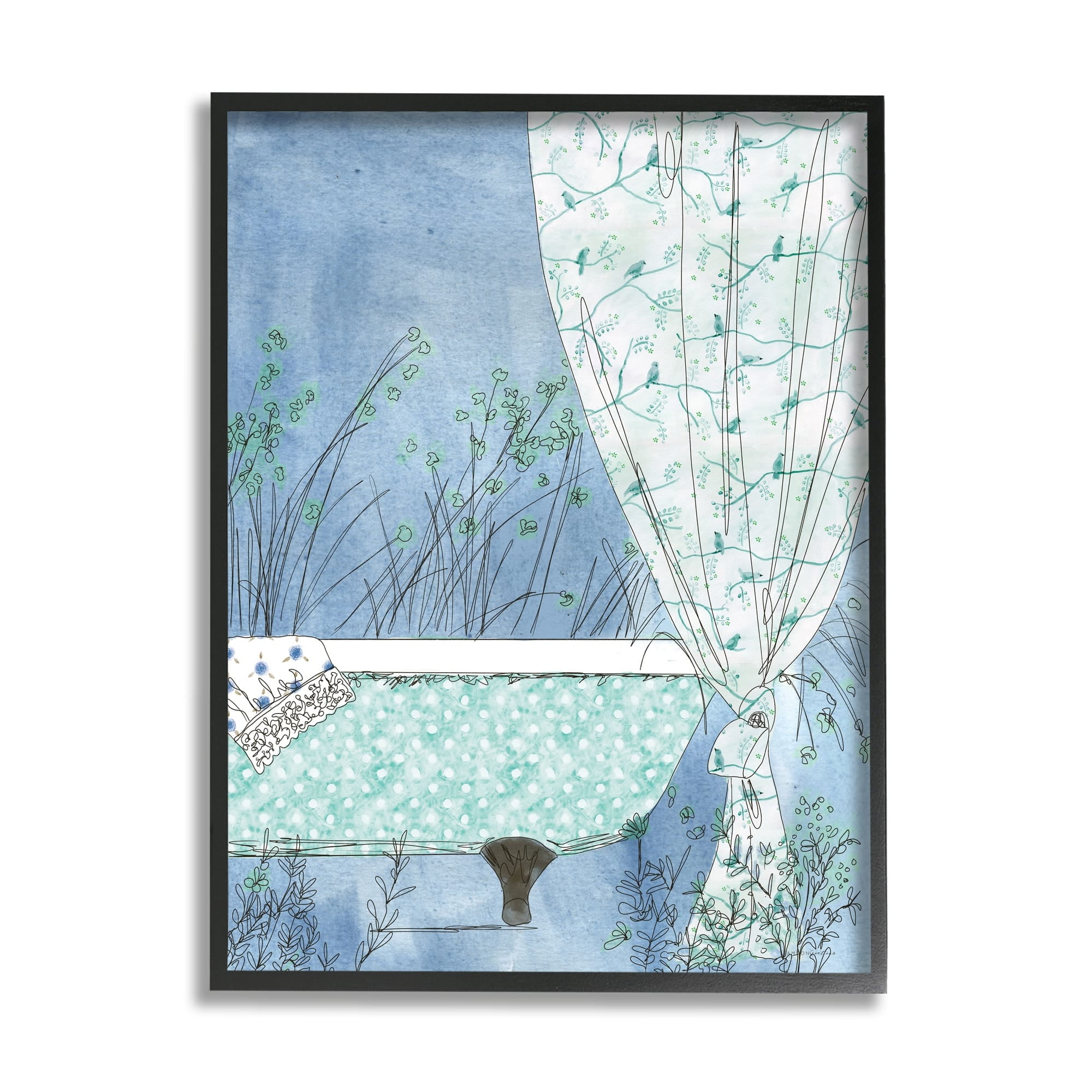 Stupell Industries Delicate Bathroom Claw Tub Curtain Floral Blossom Painting Black Framed Art Print Wall Art, Design by Kamdon Kreations