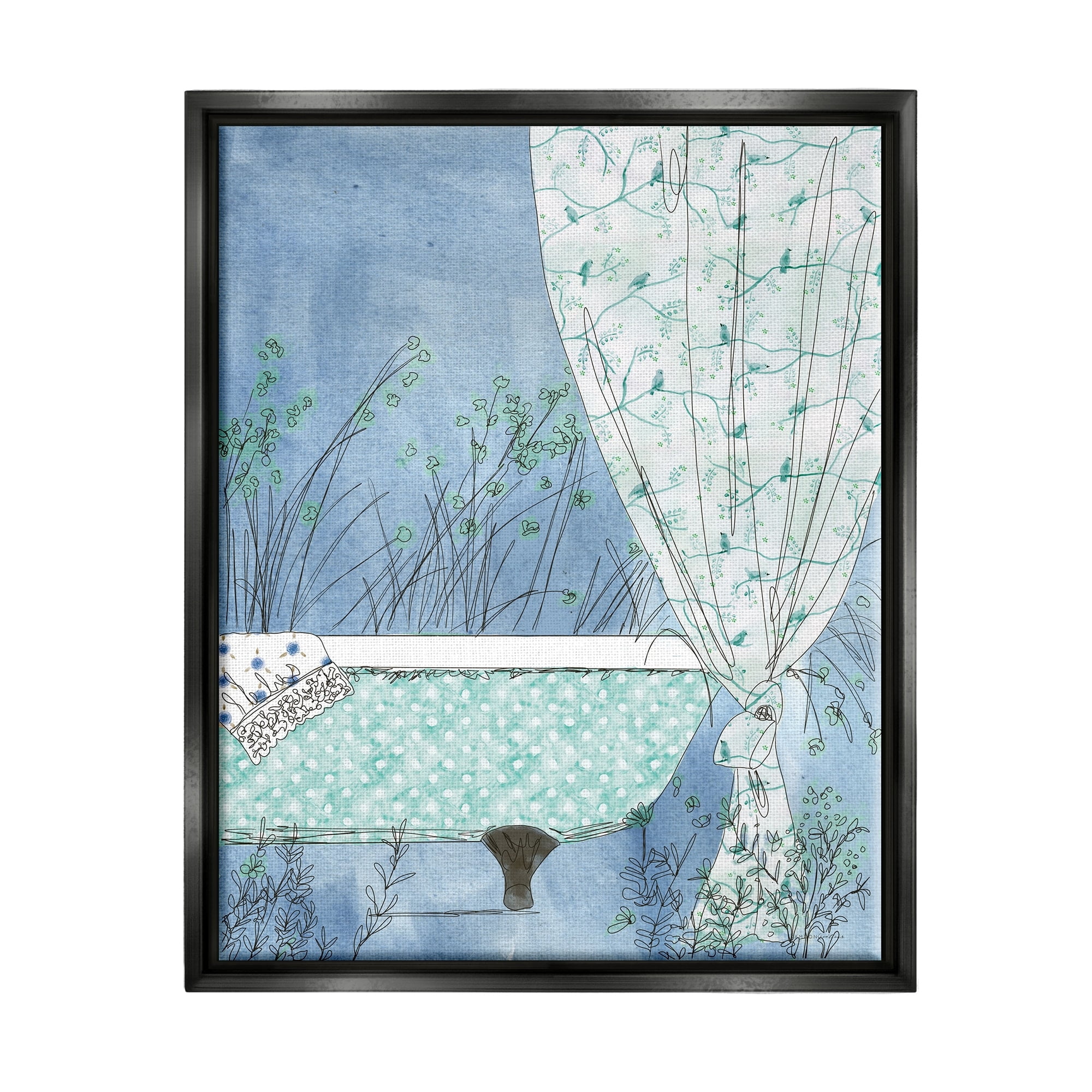 Stupell Industries Delicate Bathroom Claw Tub Curtain Floral Blossom Painting Jet Black Floating Framed Canvas Print Wall Art, Design by Kamdon Kreations
