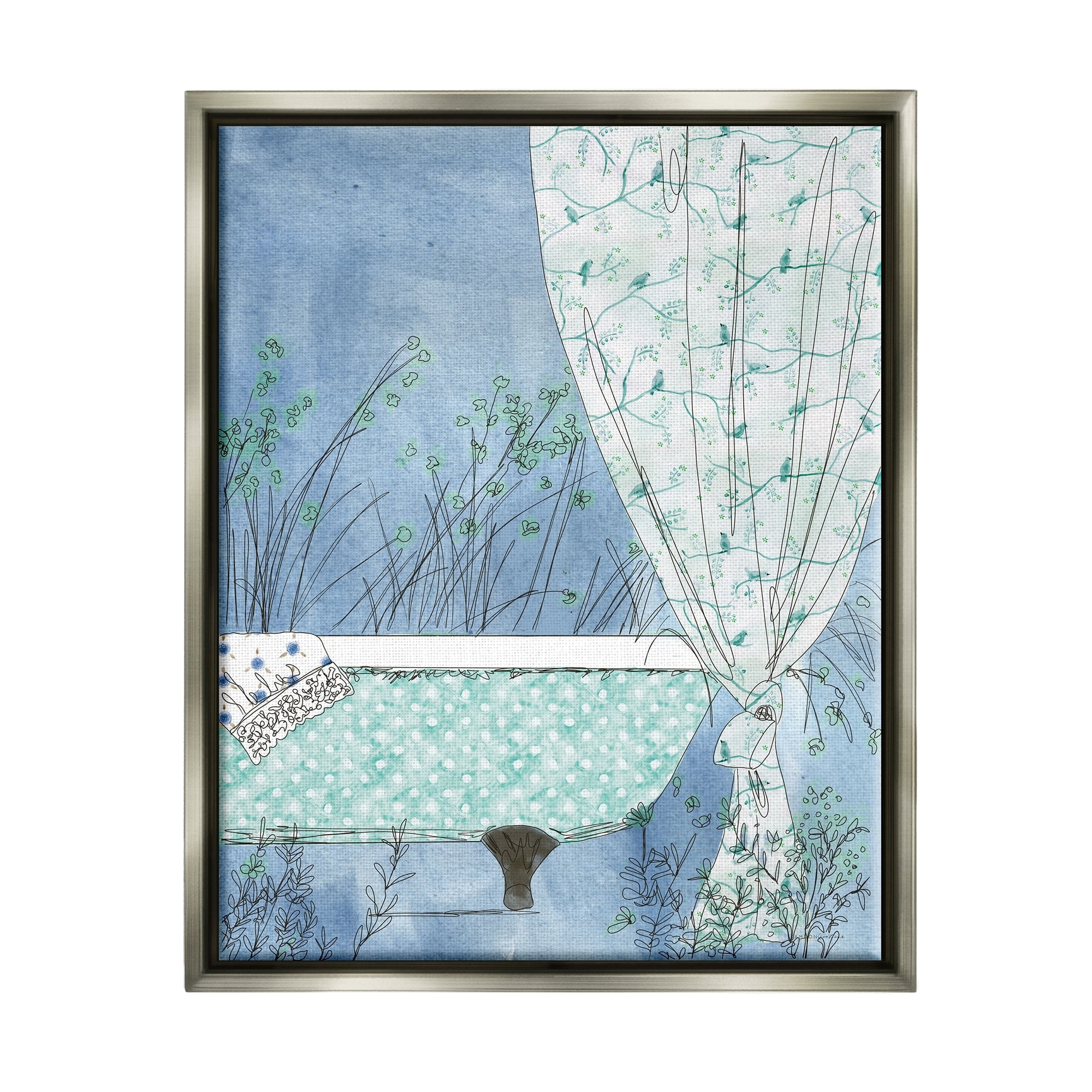 Stupell Industries Delicate Bathroom Claw Tub Curtain Floral Blossom Painting Luster Gray Floating Framed Canvas Print Wall Art, Design by Kamdon Kreations