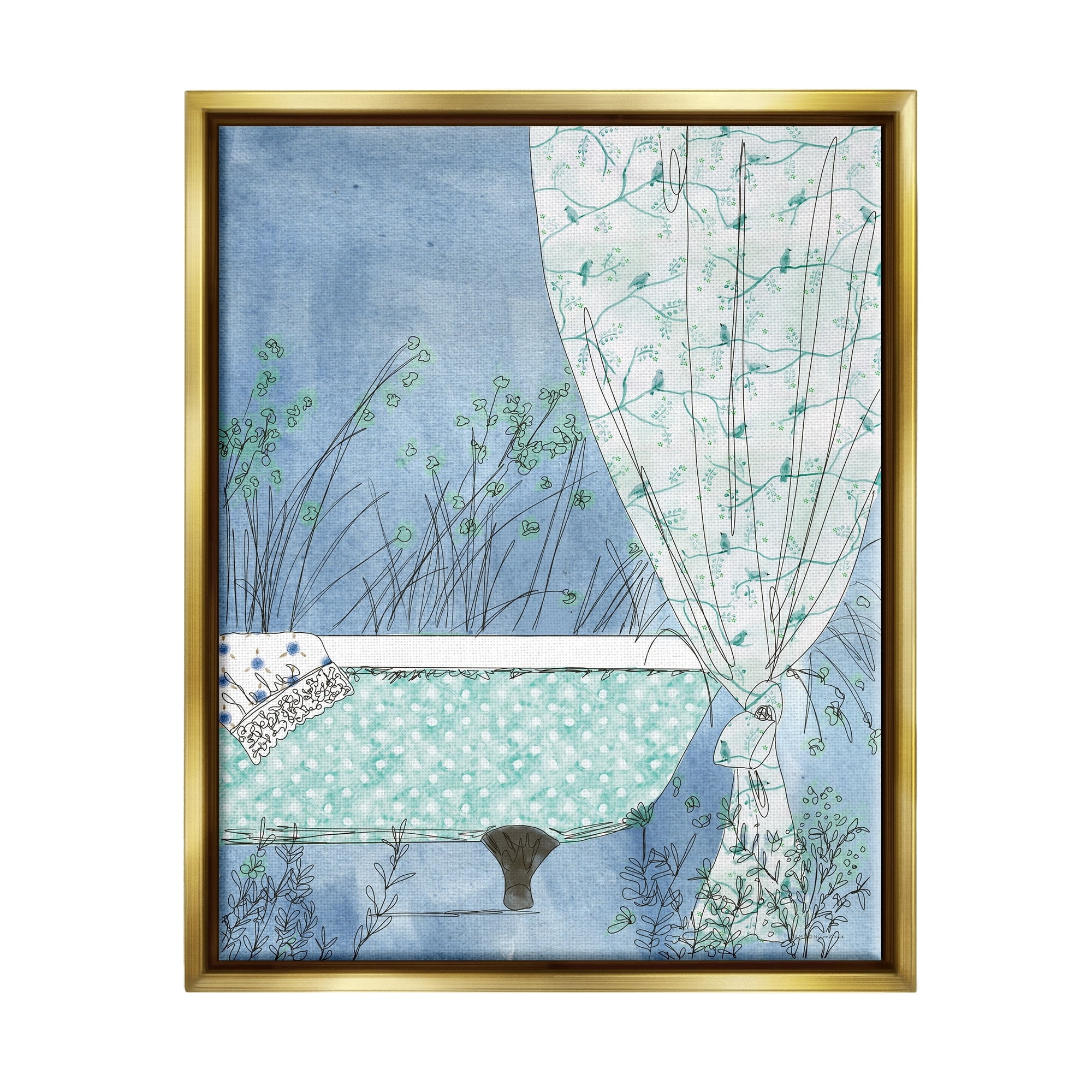 Stupell Industries Delicate Bathroom Claw Tub Curtain Floral Blossom Painting Metallic Gold Floating Framed Canvas Print Wall Art, Design by Kamdon Kreations