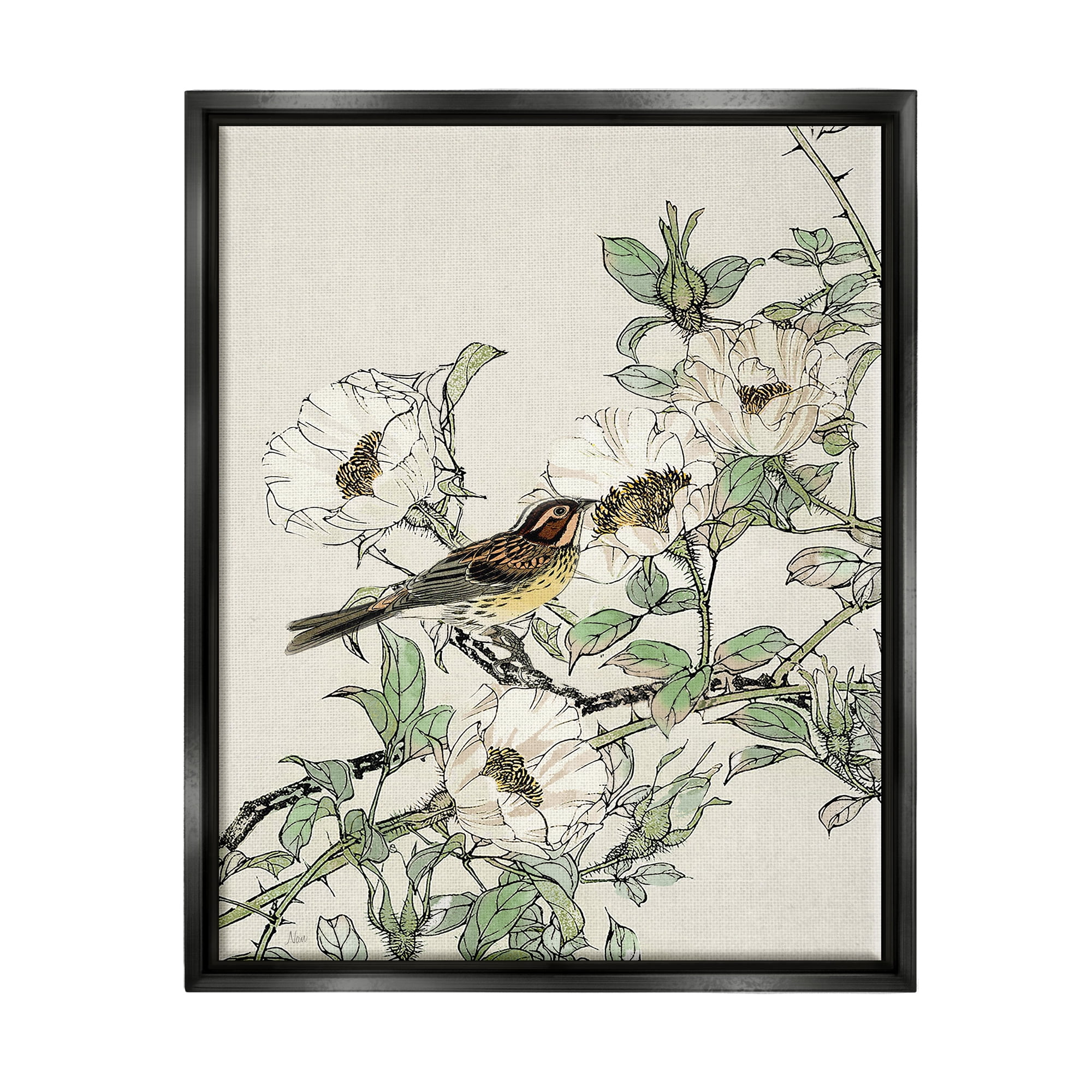 Stupell Industries Delicate Bird & Blossoms Botanical & Floral Painting Black Floater Framed Canvas Art Print Wall Art, 25 x 31