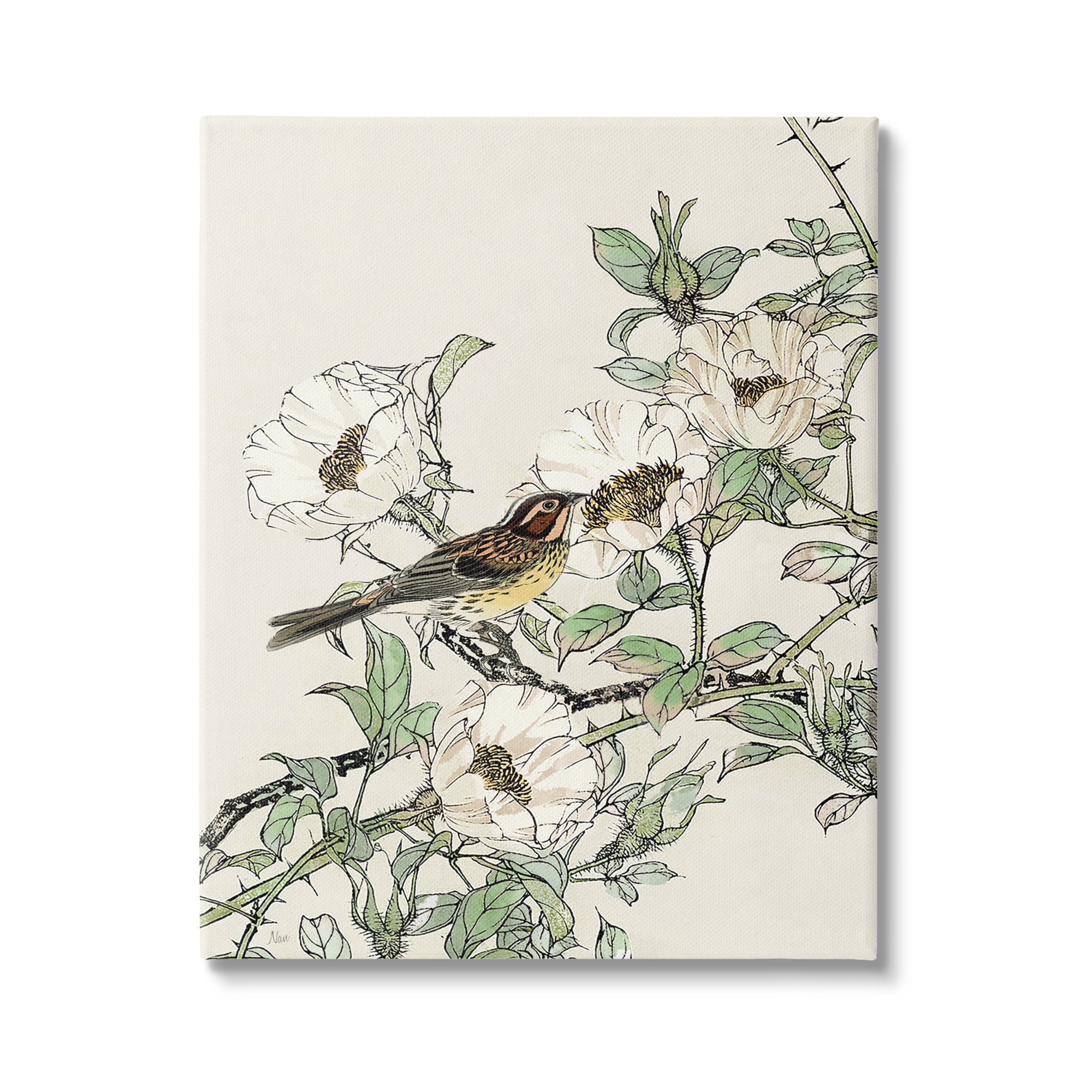 Stupell Industries Delicate Bird & Blossoms Botanical & Floral Painting Gallery Wrapped Canvas Art Print Wall Art, 24 x 30