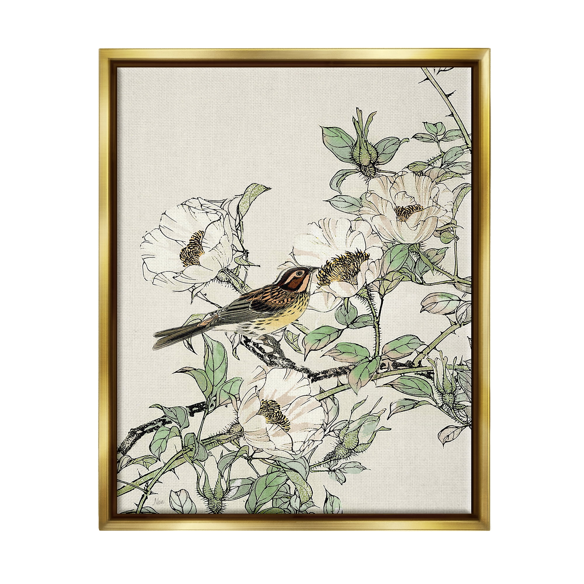 Stupell Industries Delicate Bird & Blossoms Botanical & Floral Painting Gold Floater Framed Canvas Art Print Wall Art, 17 x 21